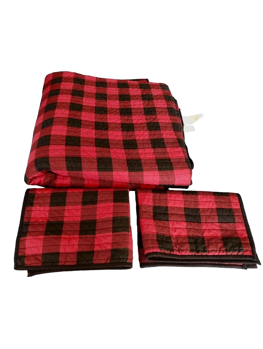 VTG Woolrich Buffalo Plaid Quilt Red Black 92”x96 Bedspread /2 Pillowcase Set